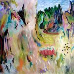 Vol de lunes, 2018 Acrylique, crayons, pastel gras et collage sur toile 91 x 152 cm